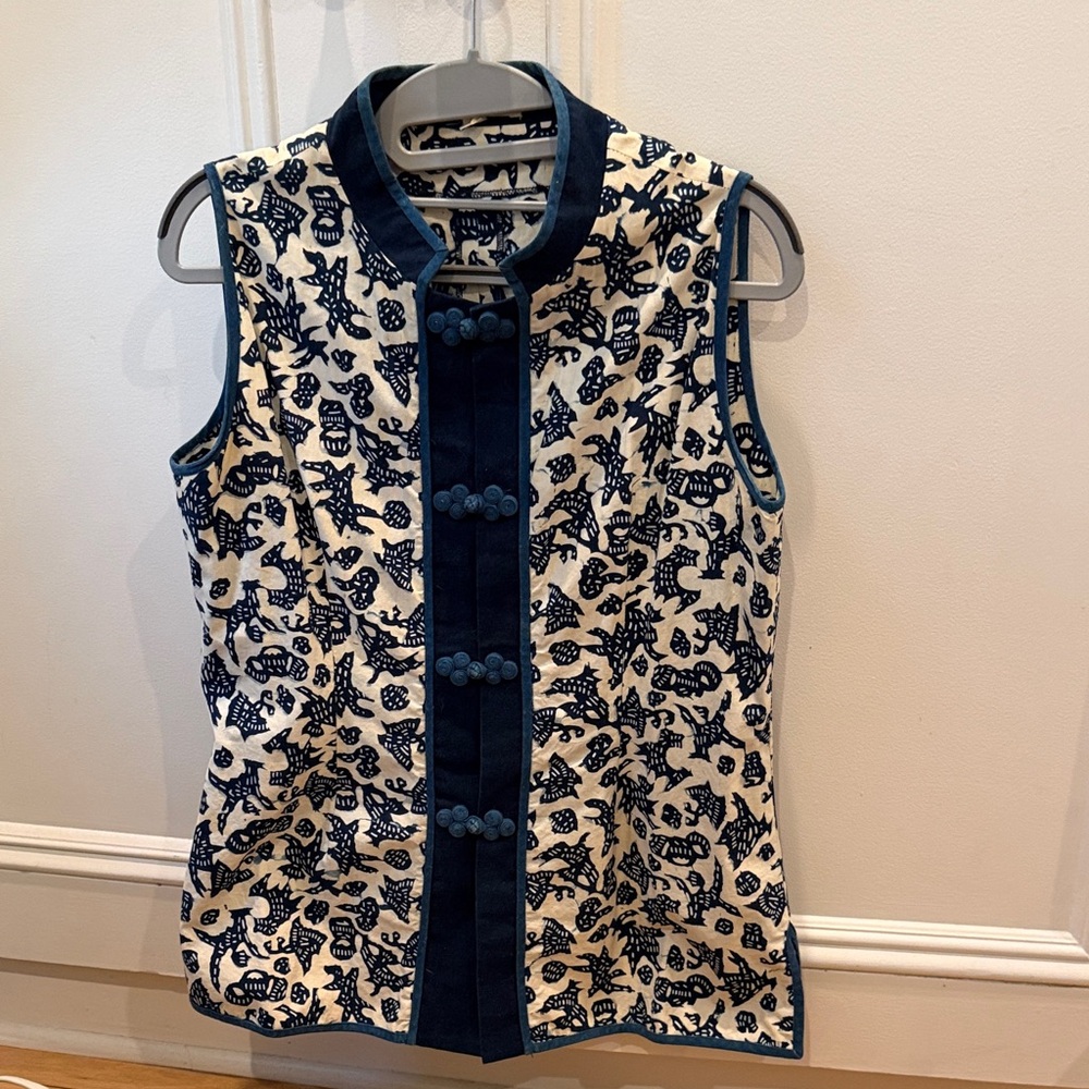 STUNNING Hand Crafted Blue Calico Navy & White Printed Mandarin Tunic Vest